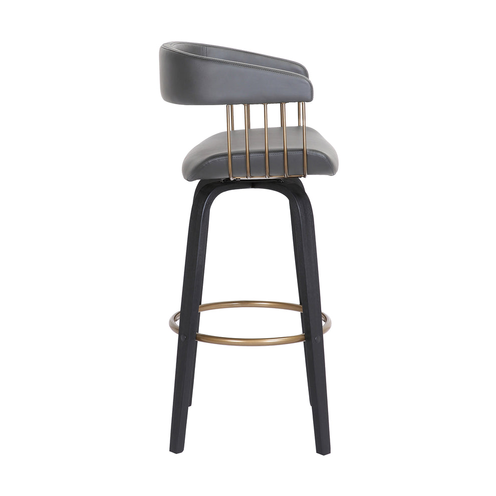 Topanga 30.5" Swivel Black Wood Bar Stool in Grey Faux Leather with Golden Bronze Metal By Armen Living | Bar Stools | Modishstore - 4