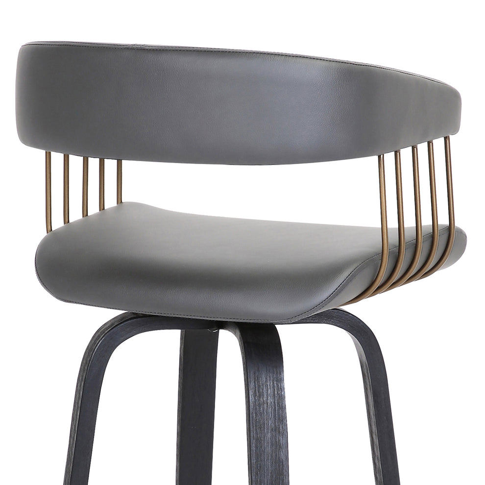 Topanga 30.5" Swivel Black Wood Bar Stool in Grey Faux Leather with Golden Bronze Metal By Armen Living | Bar Stools | Modishstore - 10