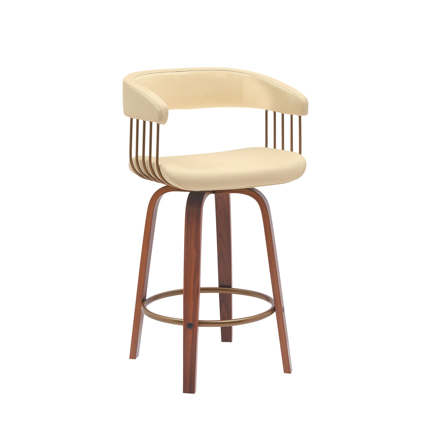 Topanga 26" Swivel Walnut Wood Counter Stool in Cream Faux Leather with Golden Bronze Metal By Armen Living | Bar Stools | Modishstore - 2
