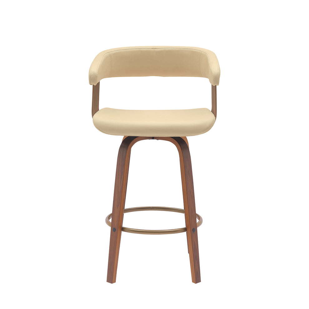 Topanga 26" Swivel Walnut Wood Counter Stool in Cream Faux Leather with Golden Bronze Metal By Armen Living | Bar Stools | Modishstore - 3