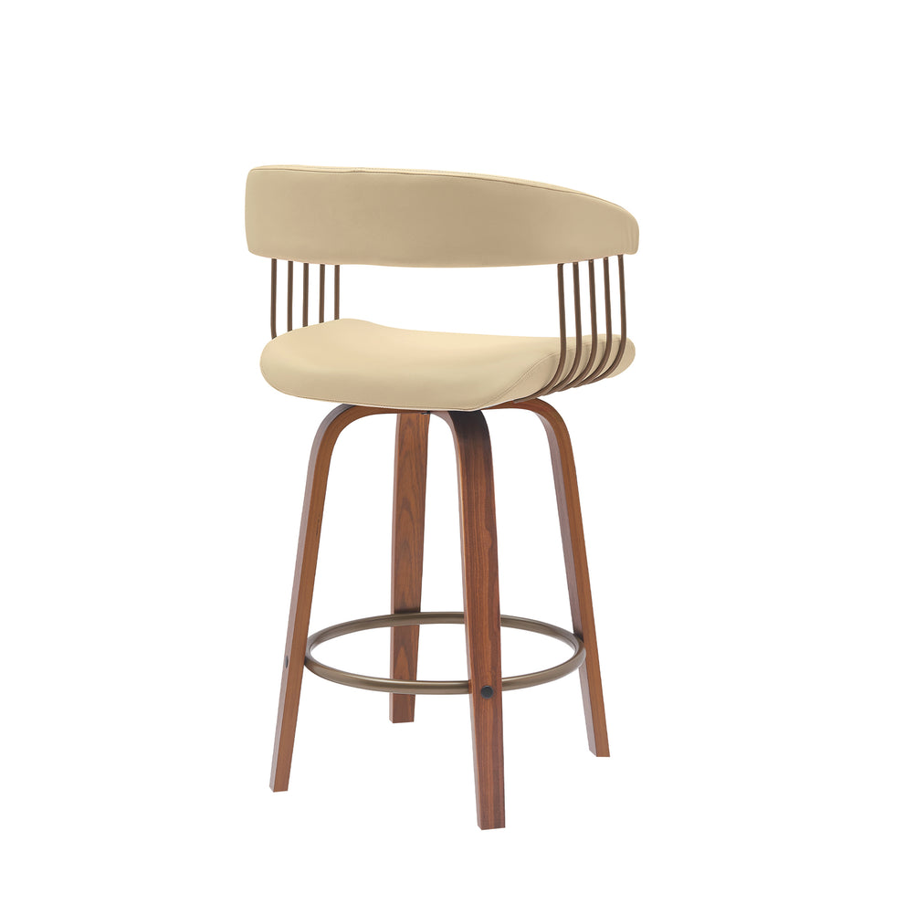 Topanga 26" Swivel Walnut Wood Counter Stool in Cream Faux Leather with Golden Bronze Metal By Armen Living | Bar Stools | Modishstore - 4