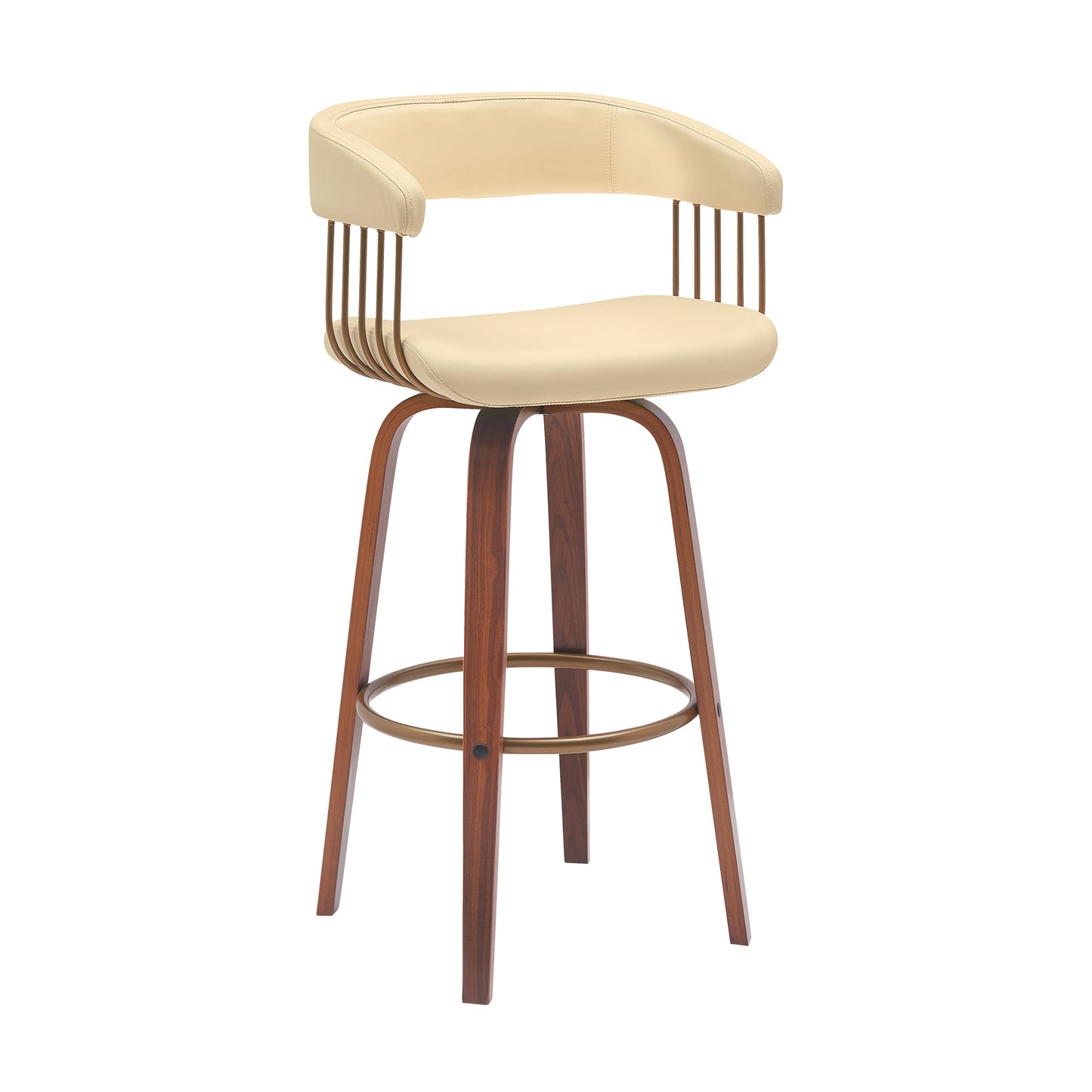 Topanga 30.5" Swivel Walnut Wood Bar Stool in Cream Faux Leather with Golden Bronze Metal By Armen Living | Bar Stools | Modishstore - 2