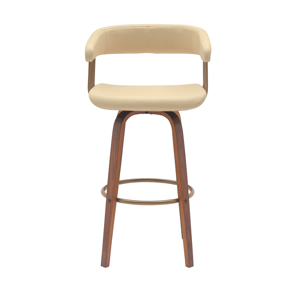 Topanga 30.5" Swivel Walnut Wood Bar Stool in Cream Faux Leather with Golden Bronze Metal By Armen Living | Bar Stools | Modishstore - 3