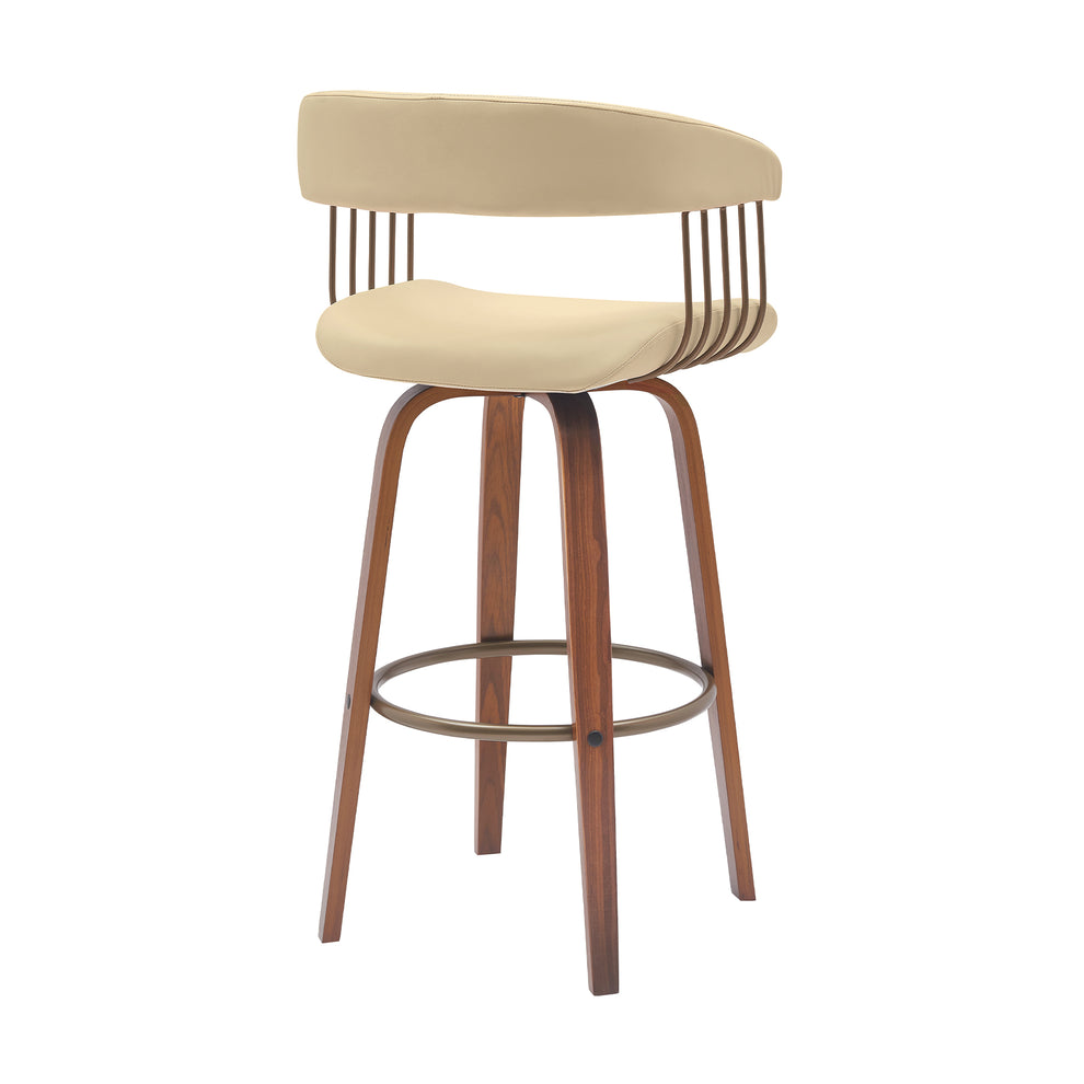 Topanga 30.5" Swivel Walnut Wood Bar Stool in Cream Faux Leather with Golden Bronze Metal By Armen Living | Bar Stools | Modishstore - 4