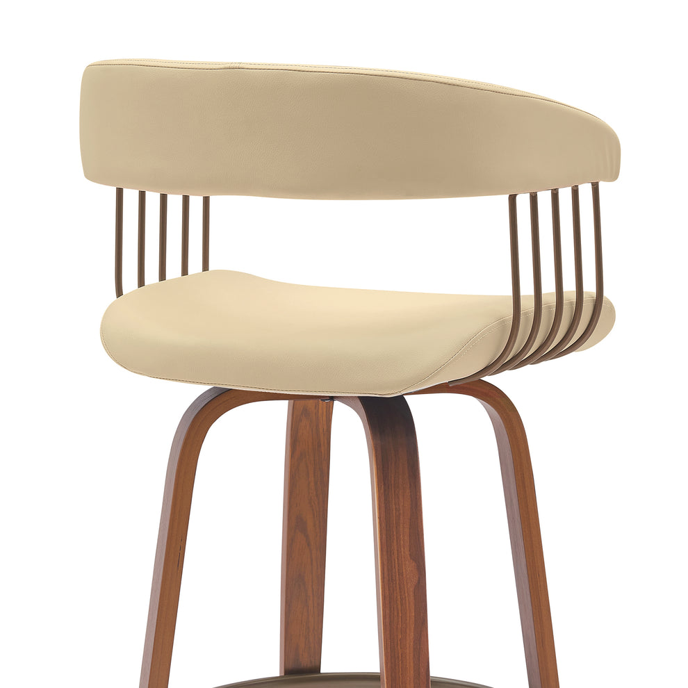 Topanga 30.5" Swivel Walnut Wood Bar Stool in Cream Faux Leather with Golden Bronze Metal By Armen Living | Bar Stools | Modishstore - 5