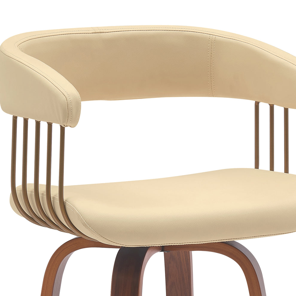 Topanga 30.5" Swivel Walnut Wood Bar Stool in Cream Faux Leather with Golden Bronze Metal By Armen Living | Bar Stools | Modishstore - 6