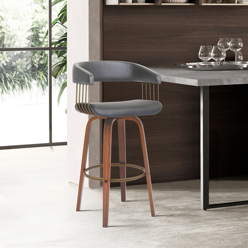 Topanga 30.5" Swivel Walnut Wood Bar Stool in Cream Faux Leather with Golden Bronze Metal By Armen Living | Bar Stools | Modishstore - 9