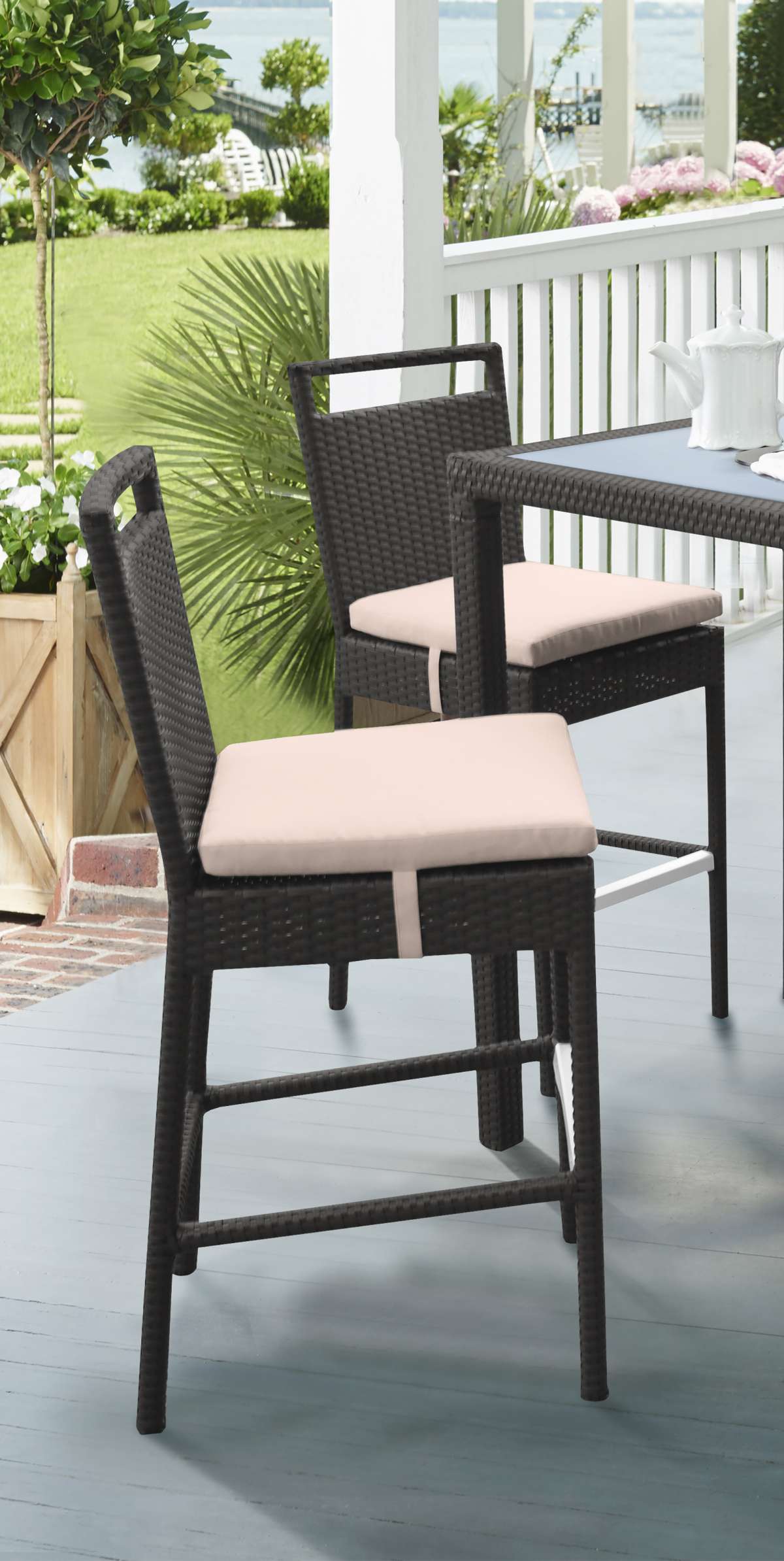 Tropez Outdoor Patio Wicker Barstool with Water Resistant Beige Fabric Cushions By Armen Living | Bar Stools |  Modishstore  - 2