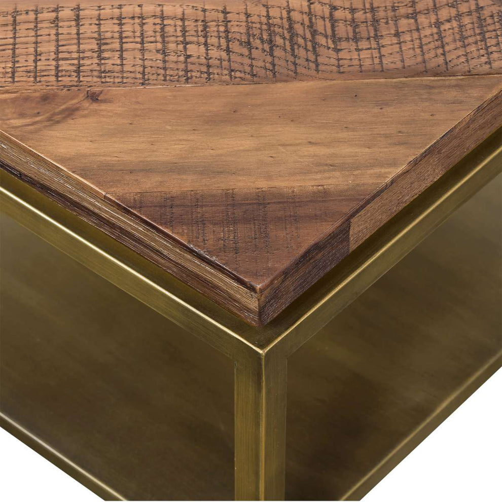 Faye Rustic Brown Wood Coffee Table with Shelf and Antique Brass Metal Base By Armen Living | Coffee Tables | Modishstore - 3