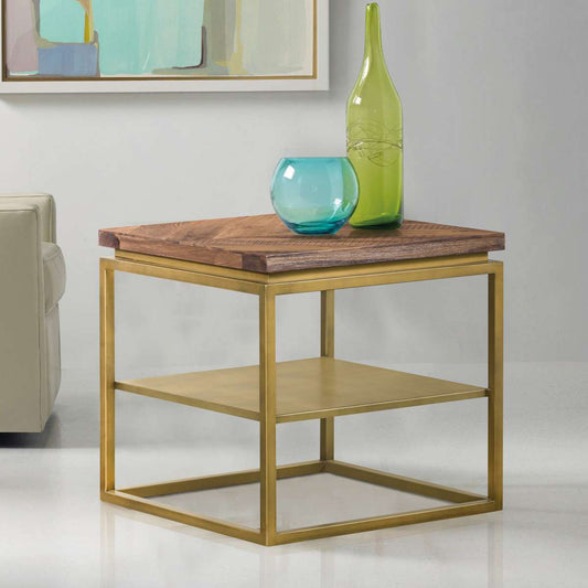 Faye Rustic Brown Wood Side table with Shelf and Antique Brass Base By Armen Living | Side Tables | Modishstore