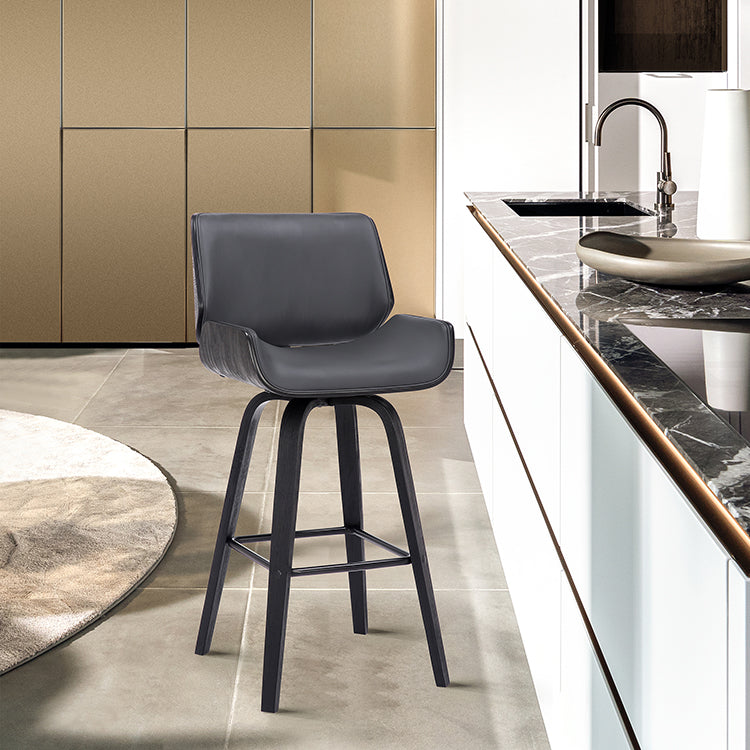 Tyler 26" Counter Height Swivel Grey Faux Leather and Black Wood Bar Stool By Armen Living | Bar Stools | Modishstore