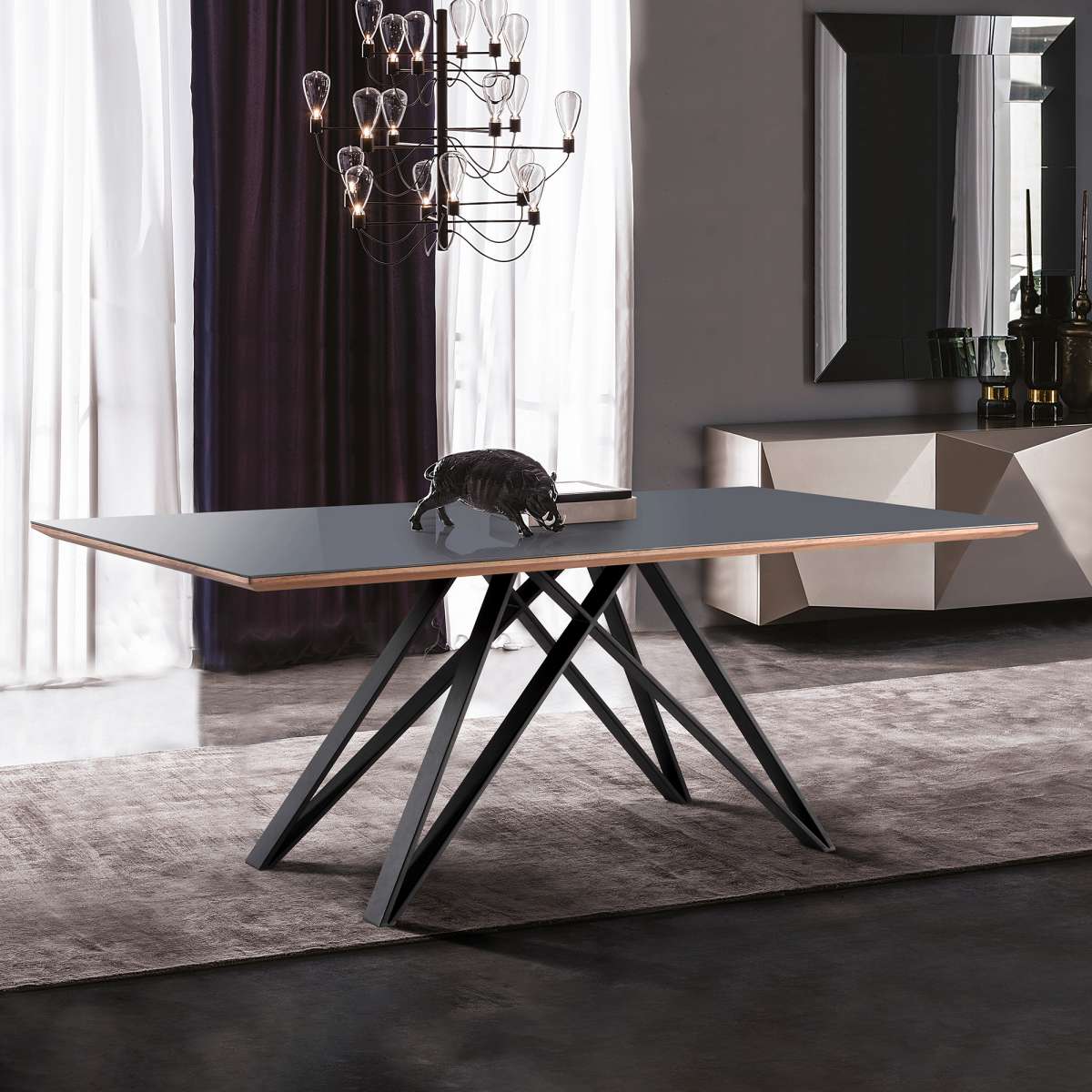 Urbino Mid-Century Dining Table in Matte Black Finish with Walnut and Dark Gray Glass Top By Armen Living | Dining Tables | Modishstore