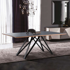 Urbino Mid-Century Dining Table in Matte Black Finish with Walnut and Dark Gray Glass Top By Armen Living