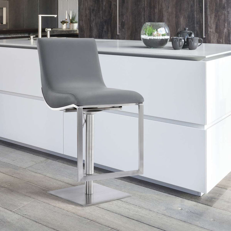 Victory Contemporary Swivel Barstool in Brushed Stainless Steel and Gray Faux Leather By Armen Living | Bar Stools | Modishstore