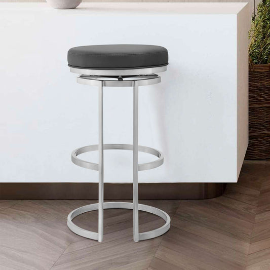 Vander 26" Gray Faux Leather and Brushed Stainless Steel Swivel Bar Stool By Armen Living | Bar Stools |  Modishstore 