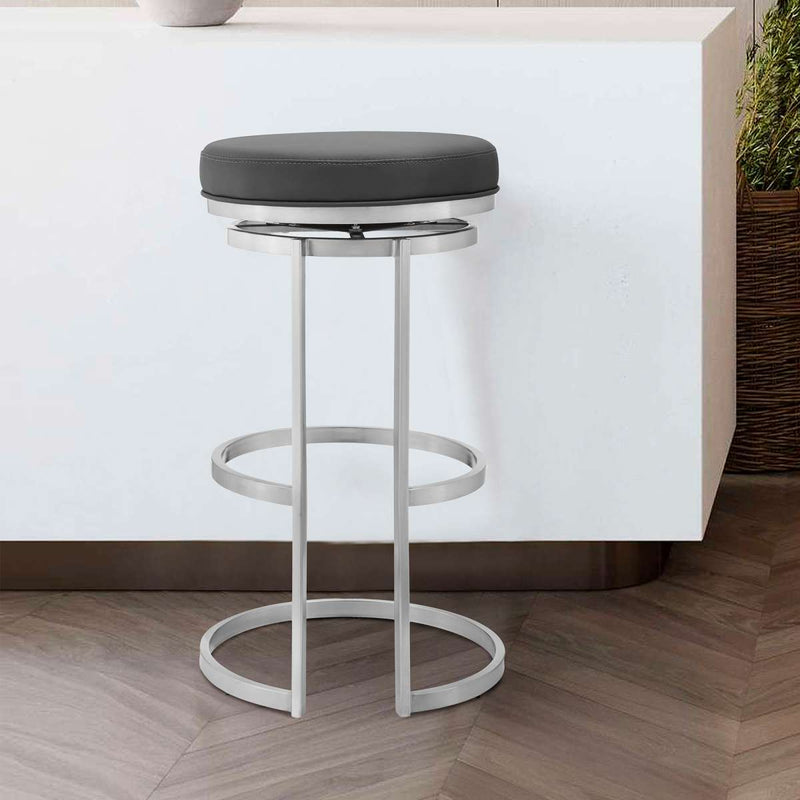 Vander 30" Gray Faux Leather and Brushed Stainless Steel Swivel Bar Stool By Armen Living | Bar Stools |  Modishstore 