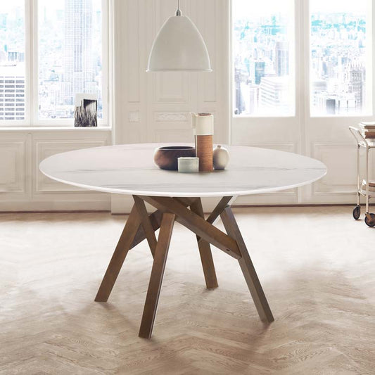 Venus 54" Round Mid-Century Modern White Marble Dining Table with Walnut Wood Legs By Armen Living | Dining Tables | Modishstore