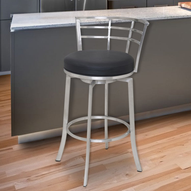 Viper 26" Counter Height Swivel Black Faux Leather and Brushed Stainless Steel Bar Stool By Armen Living | Bar Stools | Modishstore