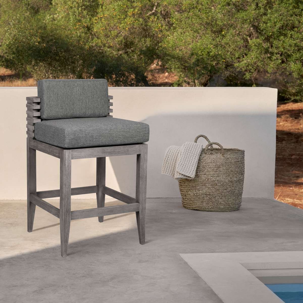 Vivid Outdoor Patio Bar Stool in Gray Eucalyptus Wood with Gray Olefin Cushions By Armen Living | Bar Stools | Modishstore