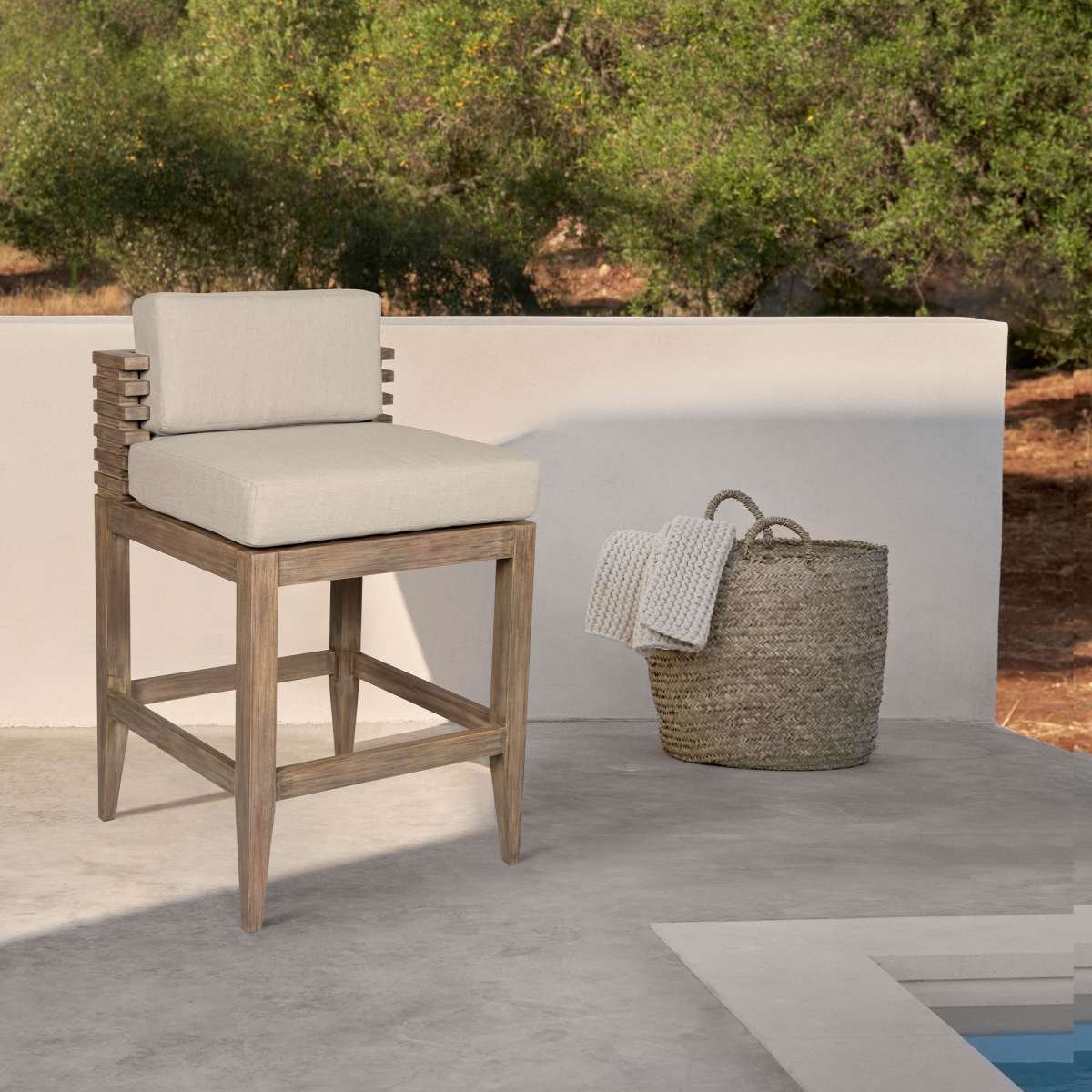 Vivid Outdoor Patio Counter Stool in Light Eucalyptus Wood with Taupe Olefin Cushions By Armen Living | Bar Stools | Modishstore