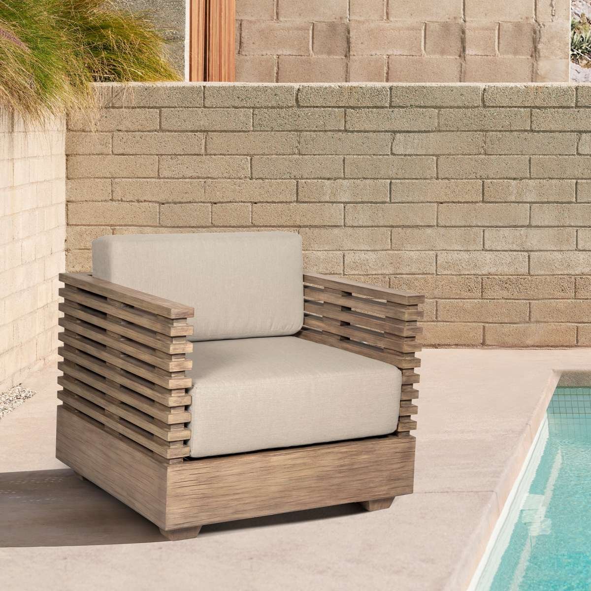 Vivid Outdoor Patio Chair in Light Eucalyptus Wood with Taupe Olefin Cushions By Armen Living | Outdoor Chairs | Modishstore