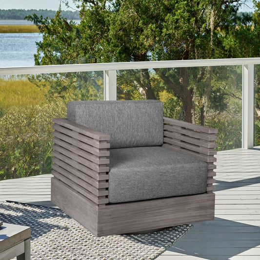 Vivid Swivel Outdoor Patio Chair in Gray Eucalyptus Wood with Gray Olefin Cushions By Armen Living | Outdoor Chairs | Modishstore