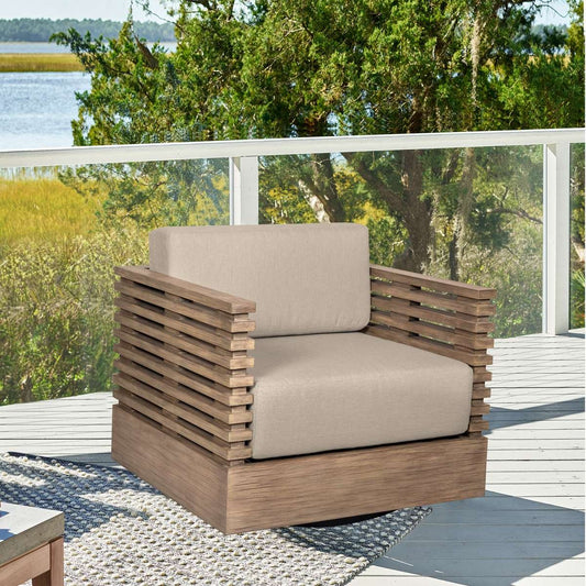 Vivid Swivel Outdoor Patio Chair in Light Eucalyptus Wood with Taupe Olefin Cushions By Armen Living | Outdoor Chairs | Modishstore