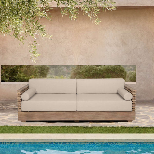 Vivid Outdoor Patio Sofa in Light Eucalyptus Wood with Taupe Olefin Cushions By Armen Living | Outdoor Sofas, Loveseats & Sectionals | Modishstore