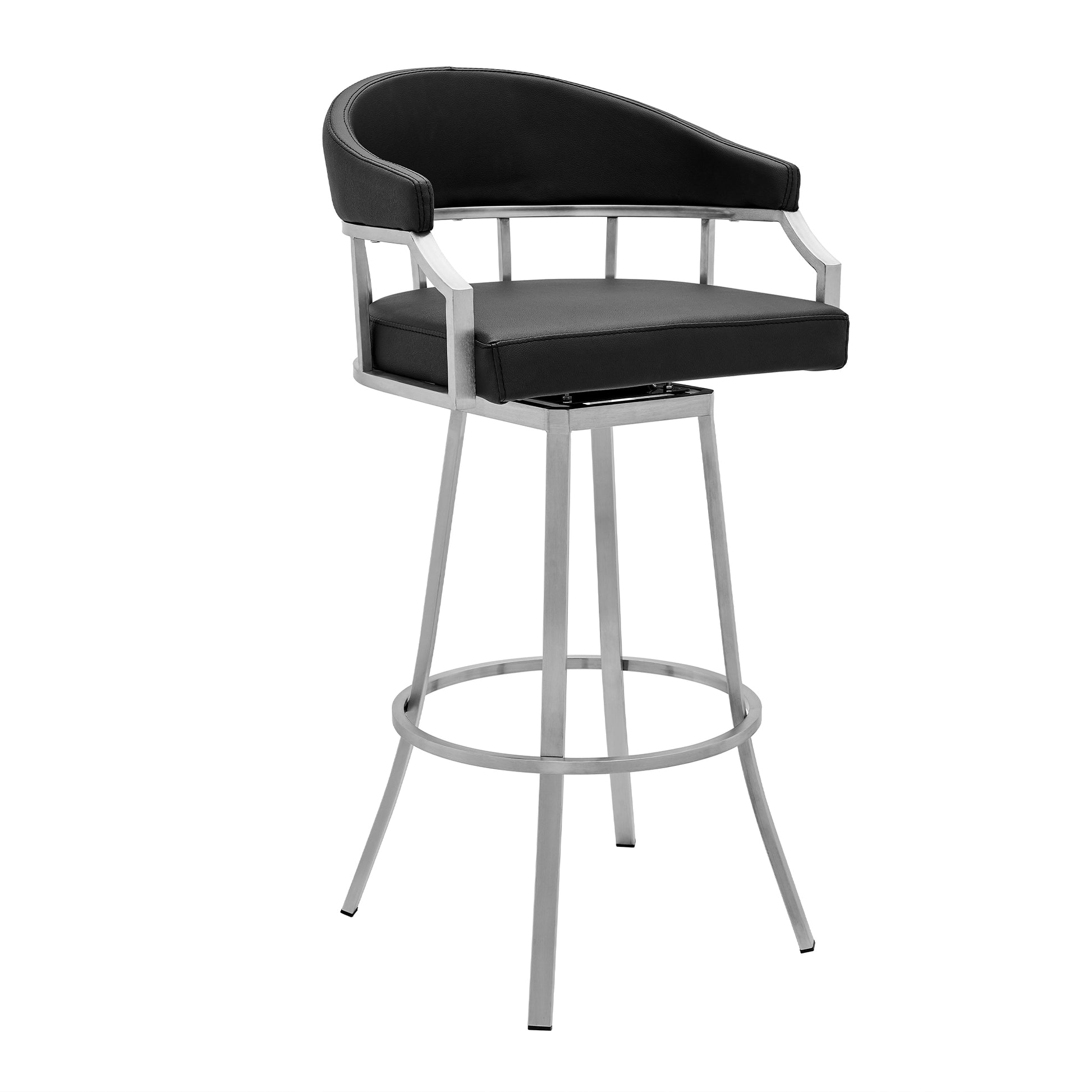 Valerie 26" Counter Height Swivel Modern Balck Faux Leather Bar and Counter Stool in Brushed Stainless Steel Finish By Armen Living | Counter Stools | Modishstore - 2