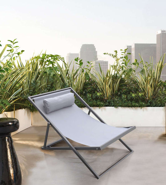 Wave Outdoor Patio Aluminum Deck Chair in Grey Powder Coated Finish with Grey Sling Textilene By Armen Living | Outdoor Chairs |  Modishstore 