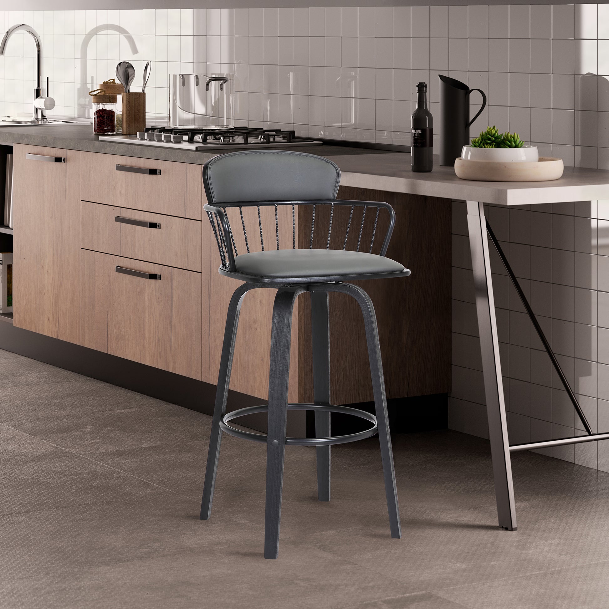 Willow 25.5" Swivel Black Wood Counter Stool in Grey Faux Leather with Black Metal By Armen Living | Counter Stools | Modishstore