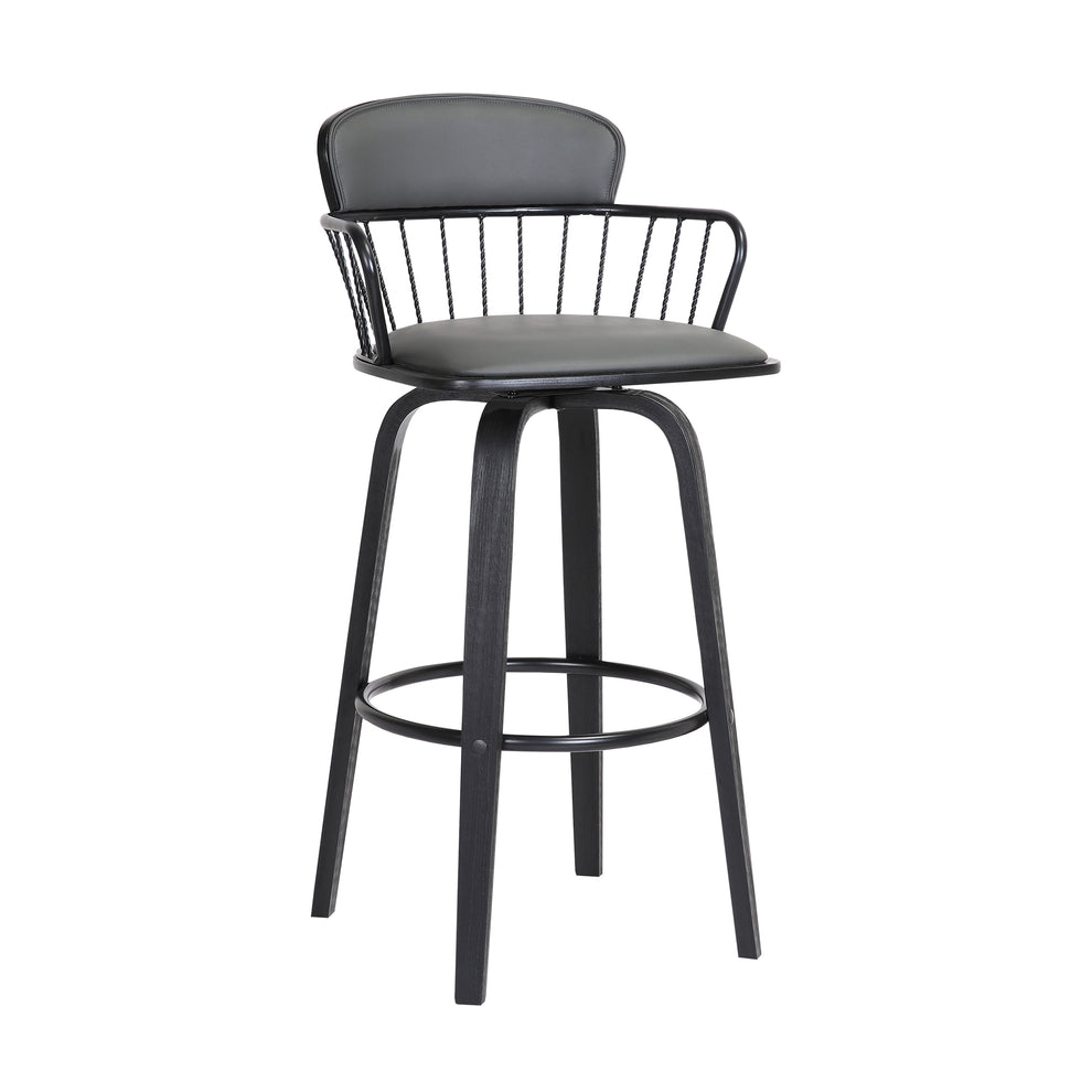 Willow 30" Swivel Black Wood Bar Stool in Grey Faux Leather with Black Metal By Armen Living | Bar Stools | Modishstore - 2
