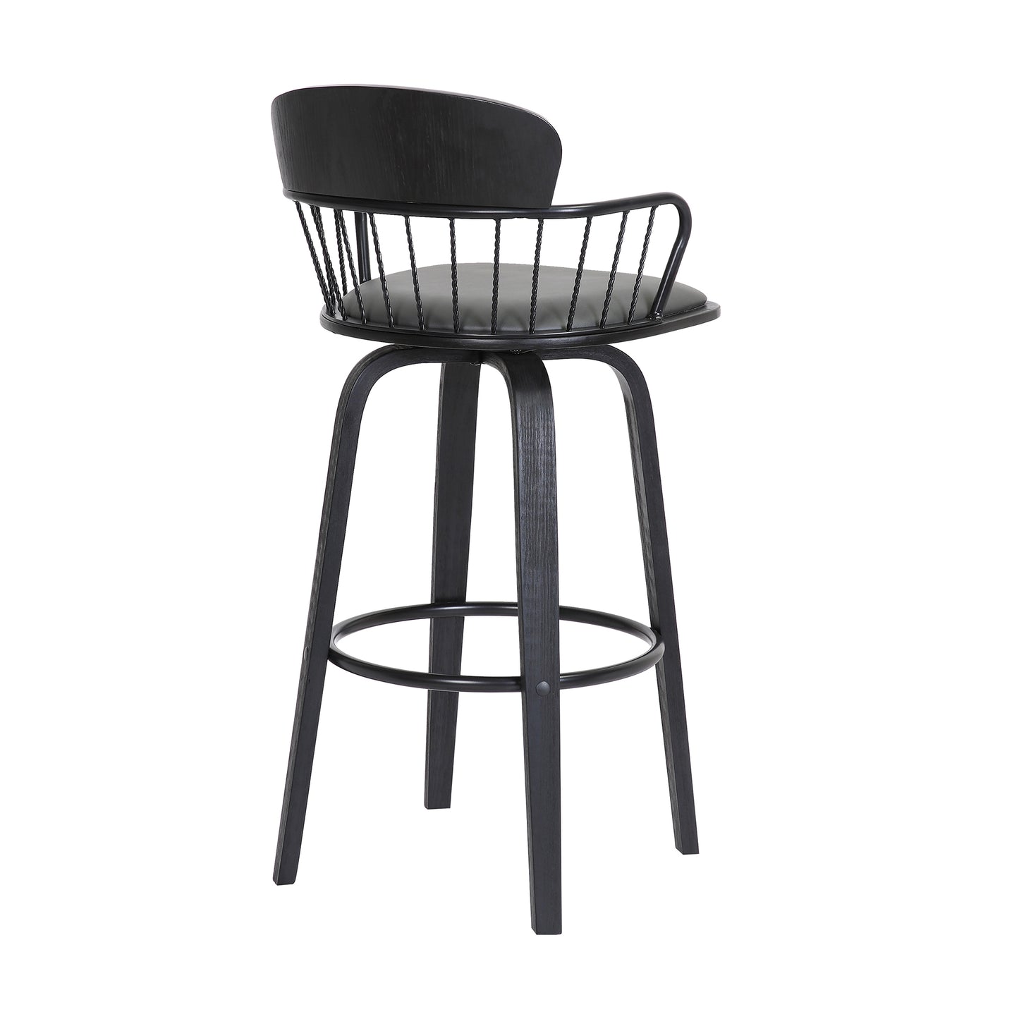 Willow 30" Swivel Black Wood Bar Stool in Grey Faux Leather with Black Metal By Armen Living | Bar Stools | Modishstore - 5