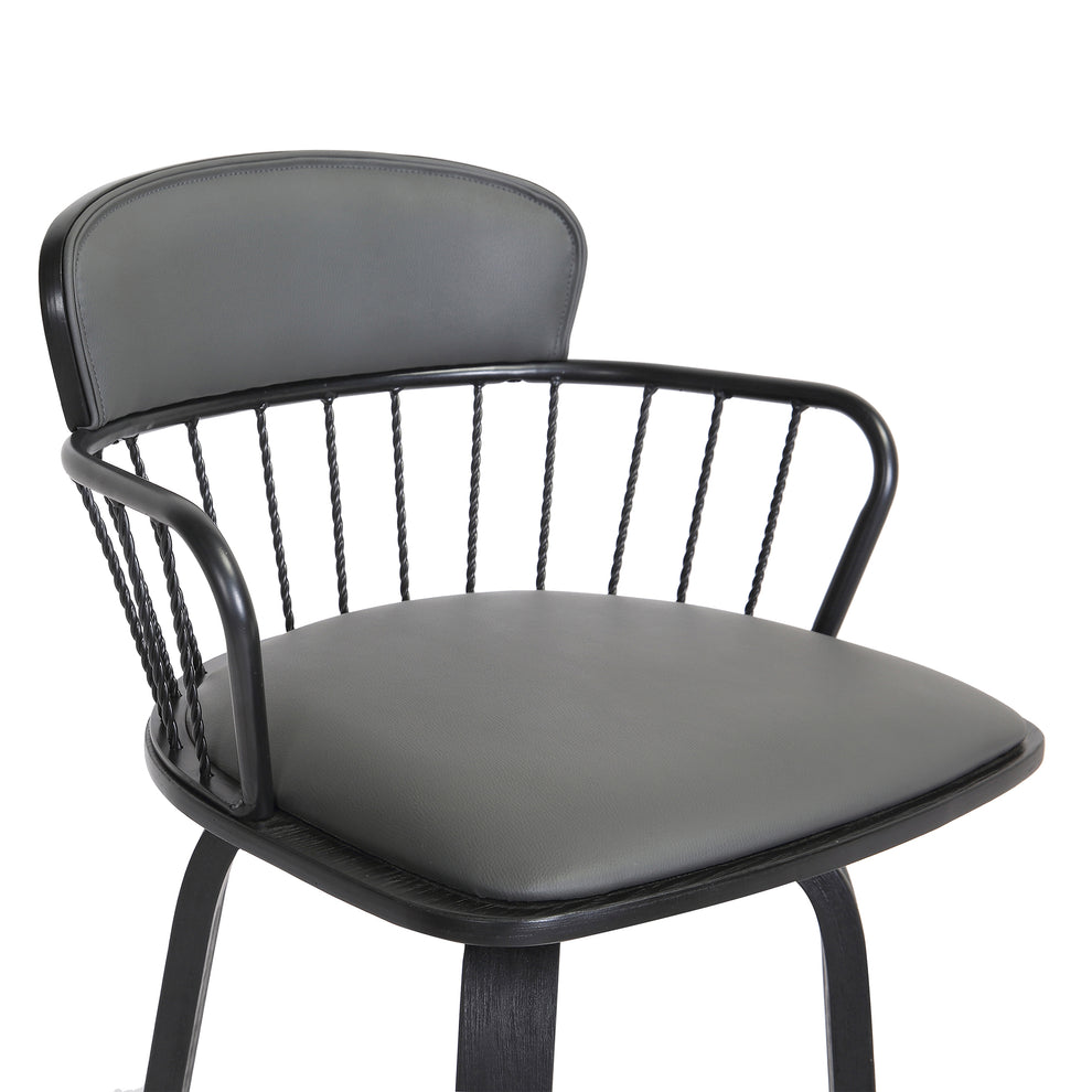 Willow 30" Swivel Black Wood Bar Stool in Grey Faux Leather with Black Metal By Armen Living | Bar Stools | Modishstore - 7