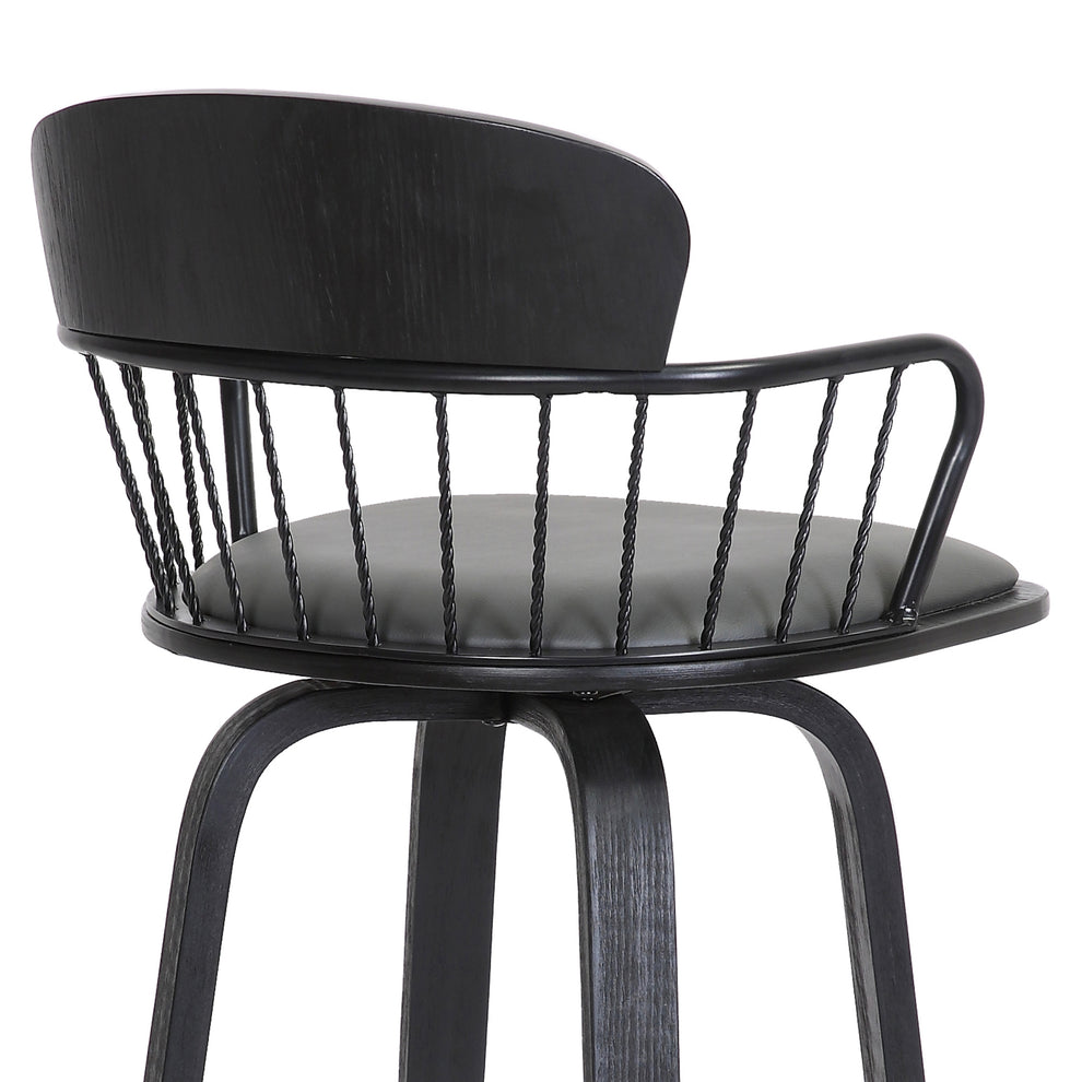 Willow 30" Swivel Black Wood Bar Stool in Grey Faux Leather with Black Metal By Armen Living | Bar Stools | Modishstore - 10