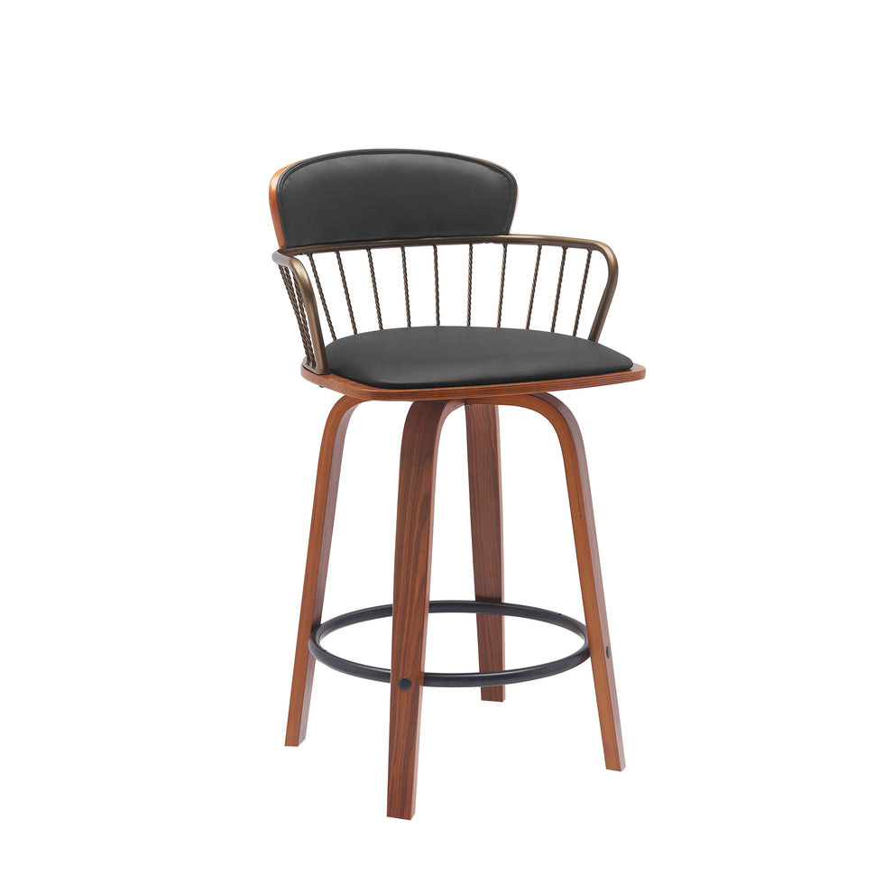 Willow 25.5" Swivel Walnut Wood Counter Stool in Gray Faux Leather with Golden Bronze Metal By Armen Living | Bar Stools | Modishstore - 11