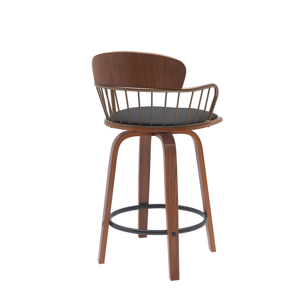 Willow 25.5" Swivel Walnut Wood Counter Stool in Gray Faux Leather with Golden Bronze Metal By Armen Living | Bar Stools | Modishstore - 13