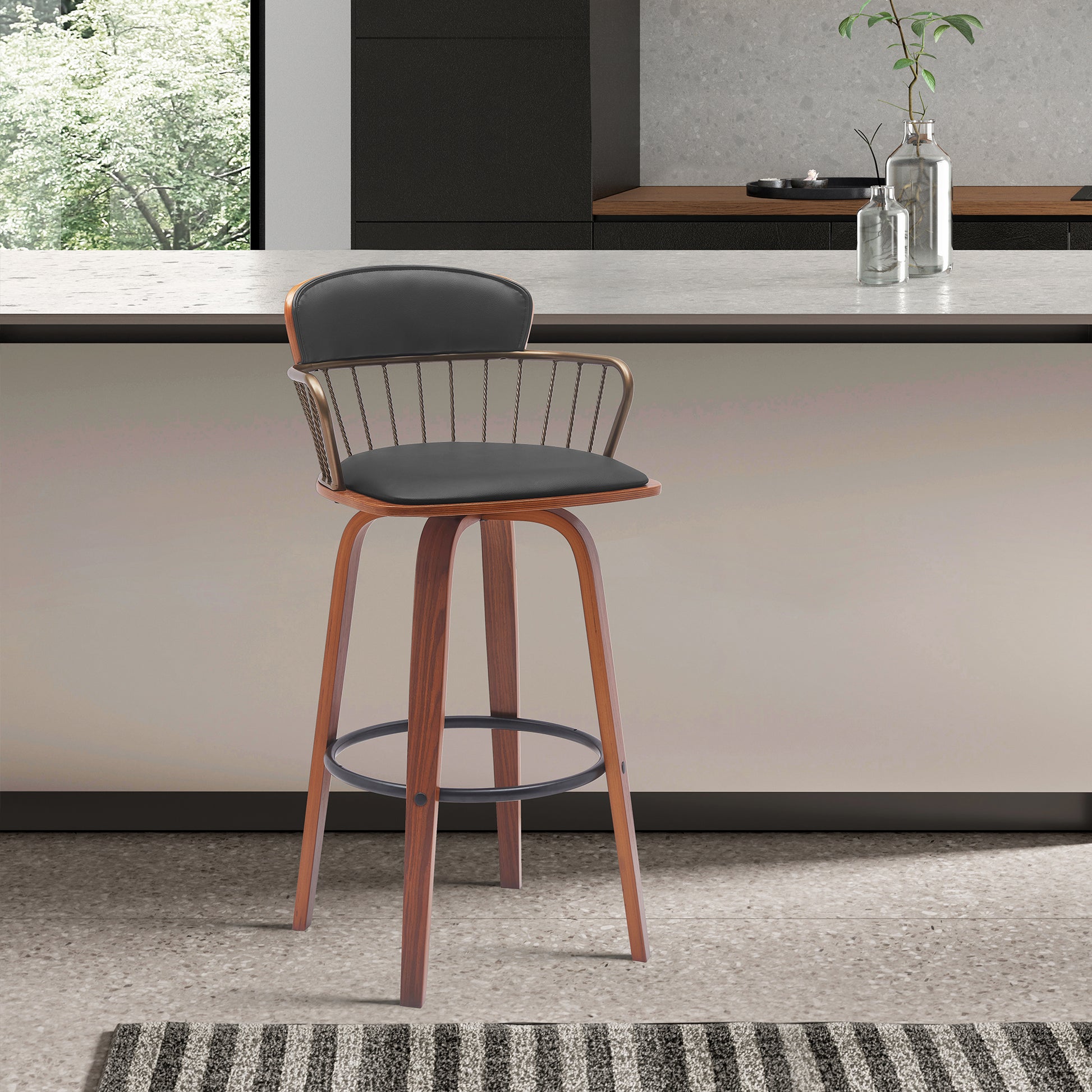 Willow 30" Swivel Walnut Wood Bar Stool in Gray Faux Leather with Golden Bronze Metal By Armen Living | Bar Stools | Modishstore - 10