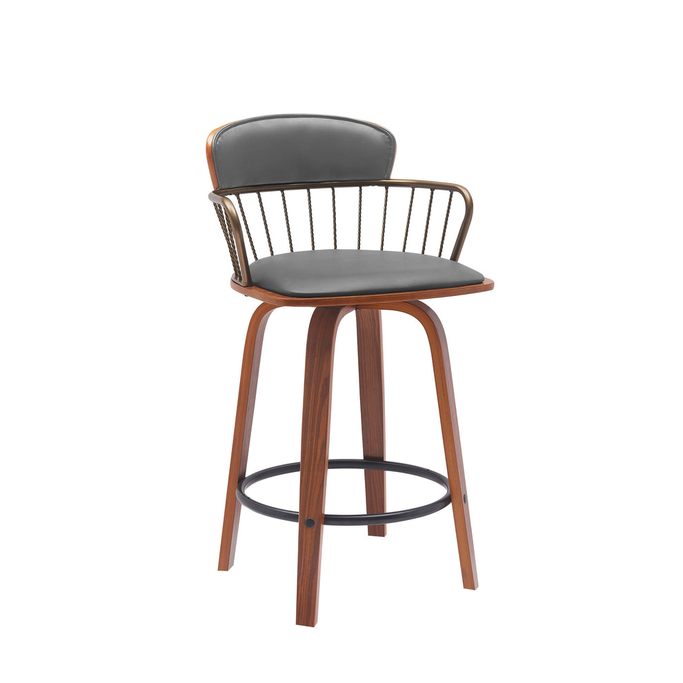 Willow 25.5" Swivel Walnut Wood Counter Stool in Gray Faux Leather with Golden Bronze Metal By Armen Living | Bar Stools | Modishstore - 2