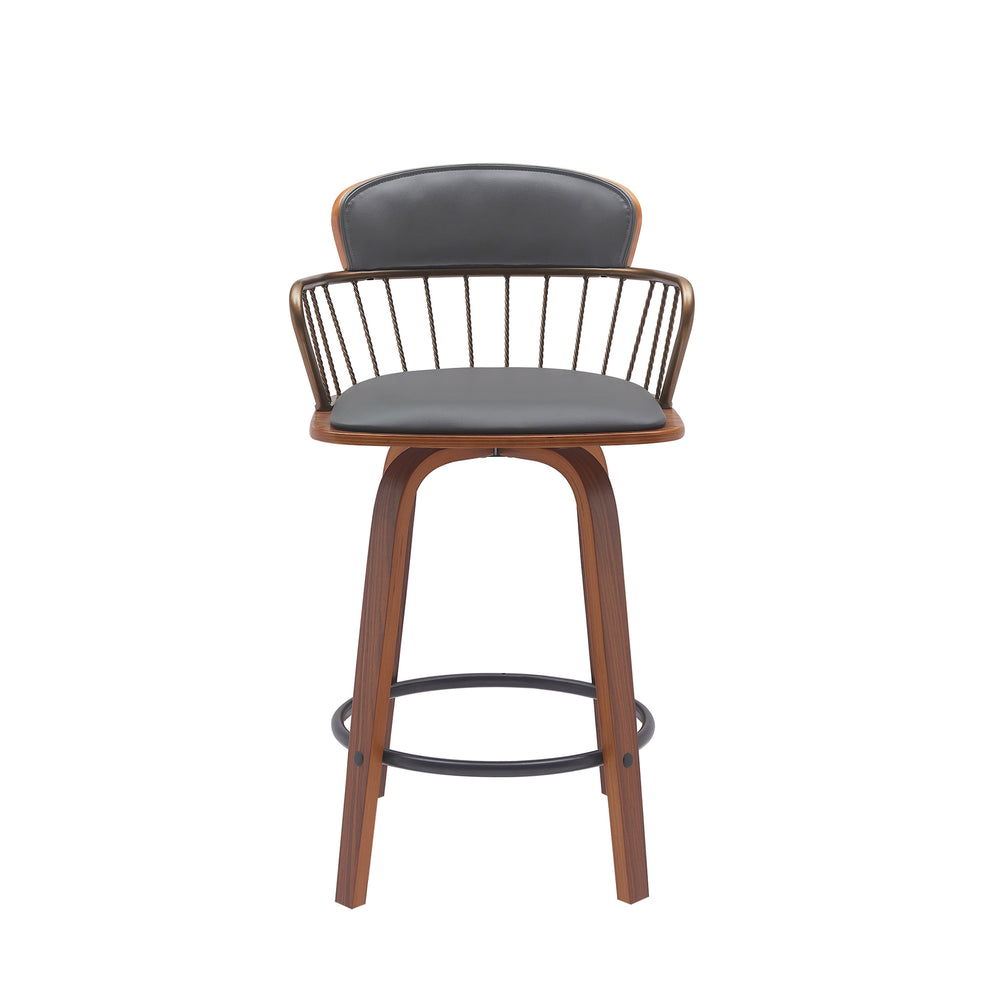 Willow 25.5" Swivel Walnut Wood Counter Stool in Gray Faux Leather with Golden Bronze Metal By Armen Living | Bar Stools | Modishstore - 3