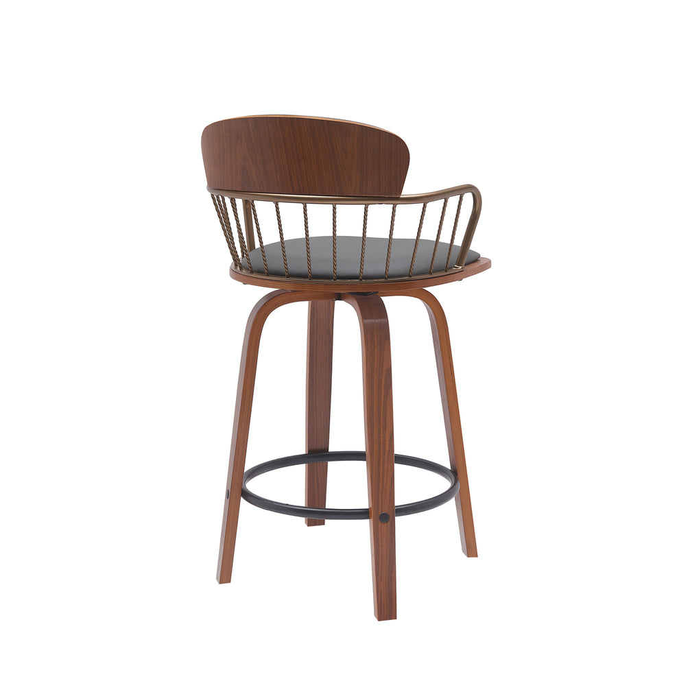 Willow 25.5" Swivel Walnut Wood Counter Stool in Gray Faux Leather with Golden Bronze Metal By Armen Living | Bar Stools | Modishstore - 4