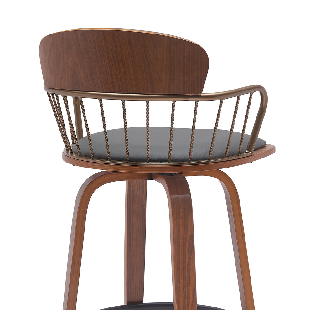 Willow 25.5" Swivel Walnut Wood Counter Stool in Gray Faux Leather with Golden Bronze Metal By Armen Living | Bar Stools | Modishstore - 5