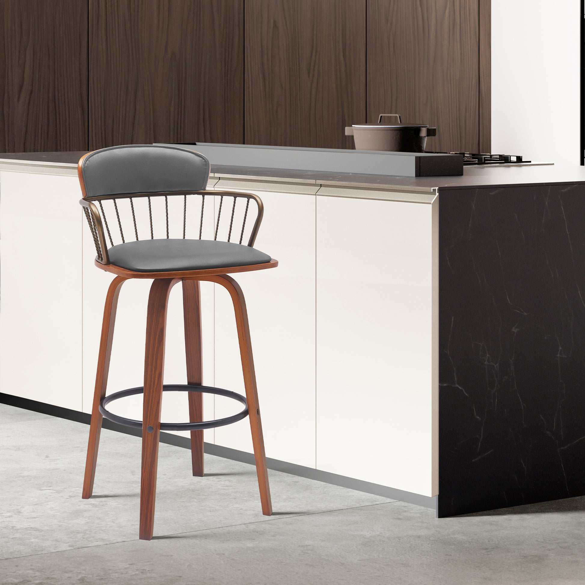 Willow 25.5" Swivel Walnut Wood Counter Stool in Gray Faux Leather with Golden Bronze Metal By Armen Living | Bar Stools | Modishstore