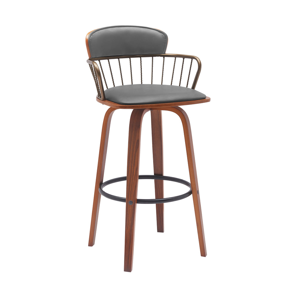 Willow 30" Swivel Walnut Wood Bar Stool in Gray Faux Leather with Golden Bronze Metal By Armen Living | Bar Stools | Modishstore - 2