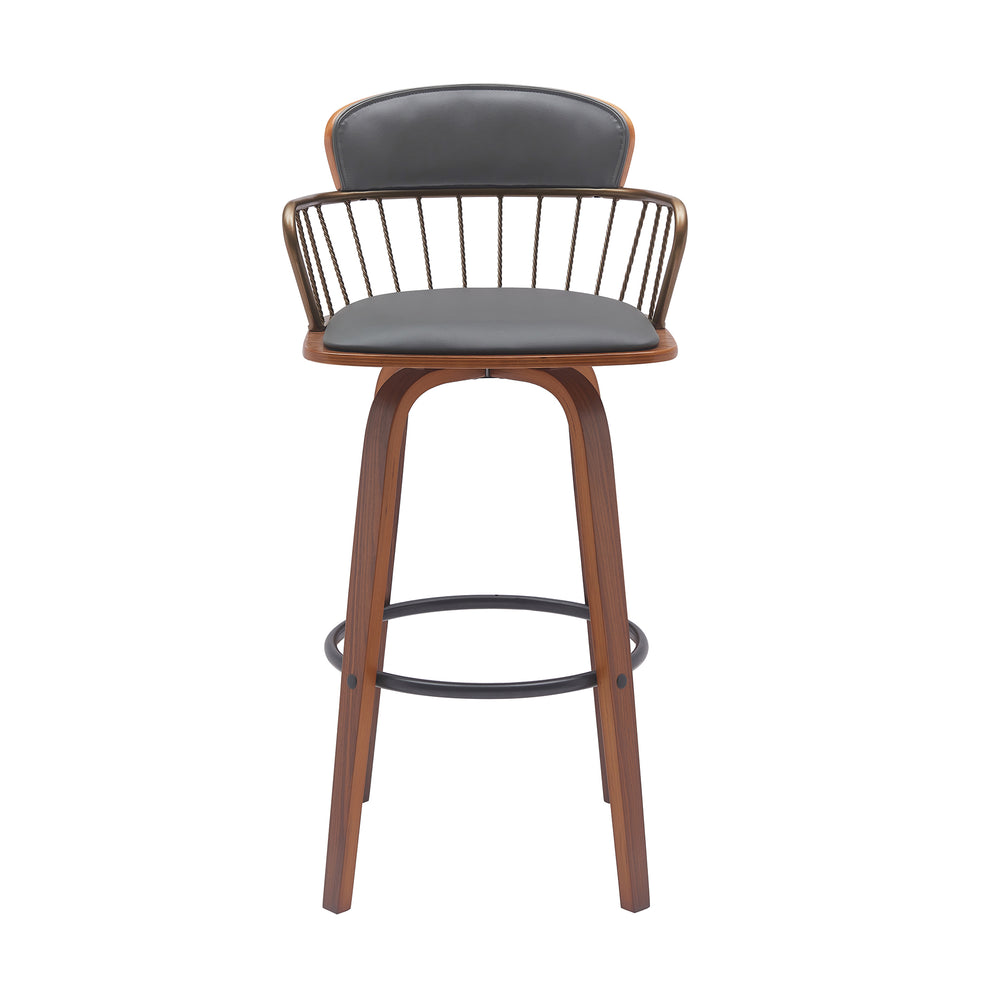 Willow 30" Swivel Walnut Wood Bar Stool in Gray Faux Leather with Golden Bronze Metal By Armen Living | Bar Stools | Modishstore - 3