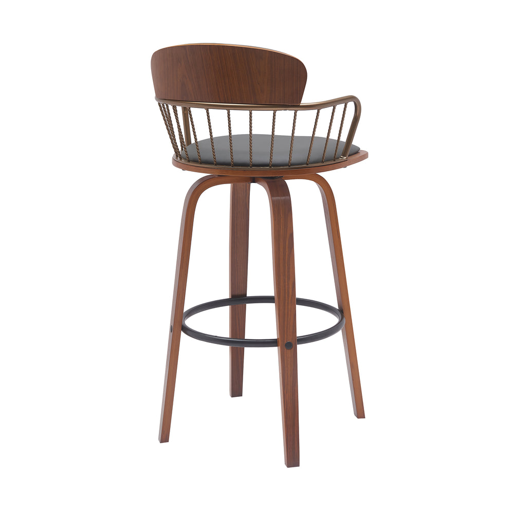 Willow 30" Swivel Walnut Wood Bar Stool in Gray Faux Leather with Golden Bronze Metal By Armen Living | Bar Stools | Modishstore - 4