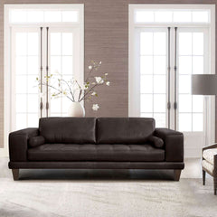 Wynne Contemporary Sofa in Genuine Espresso Leather with Brown Wood Legs By Armen Living