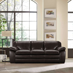 Zanna Contemporary Sofa in Genuine Dark Brown Leather with Brown Wood Legs By Armen Living