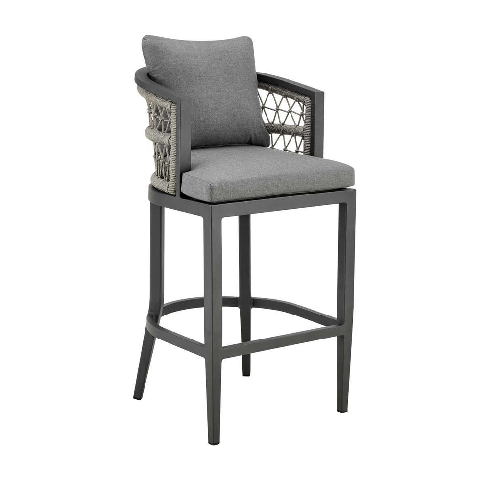 Zella Outdoor Patio Counter Stool in Aluminum with Light Gray Rope and Earl Gray Cushions By Armen Living | Bar Stools | Modishstore - 2