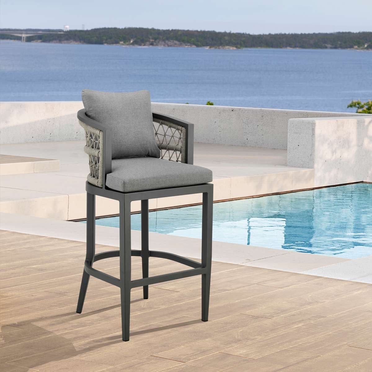 Zella Outdoor Patio Bar Stool in Aluminum with Light Gray Rope and Earl Gray Cushions By Armen Living | Bar Stools | Modishstore